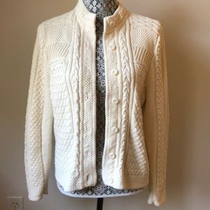 LL Bean cotton button up sweater cable and mixed stitch knit